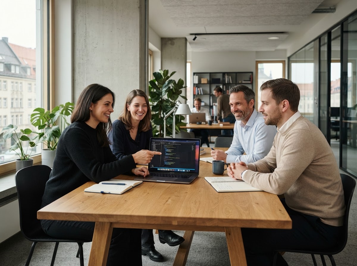 Learn team reviewing AI strategy performance data